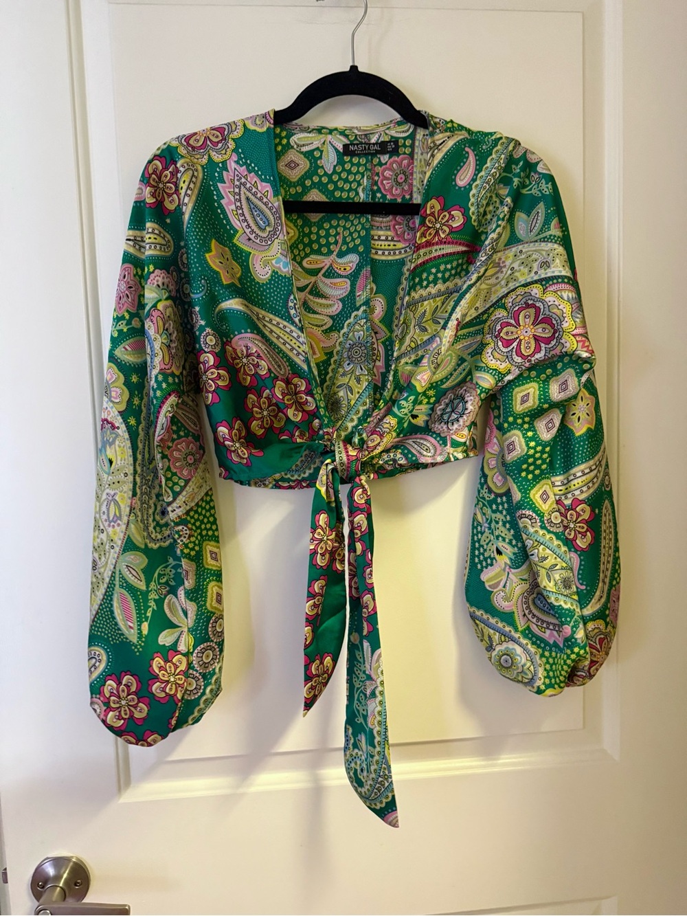 Nasty Gal Green Paisley Tie-Front Blouse